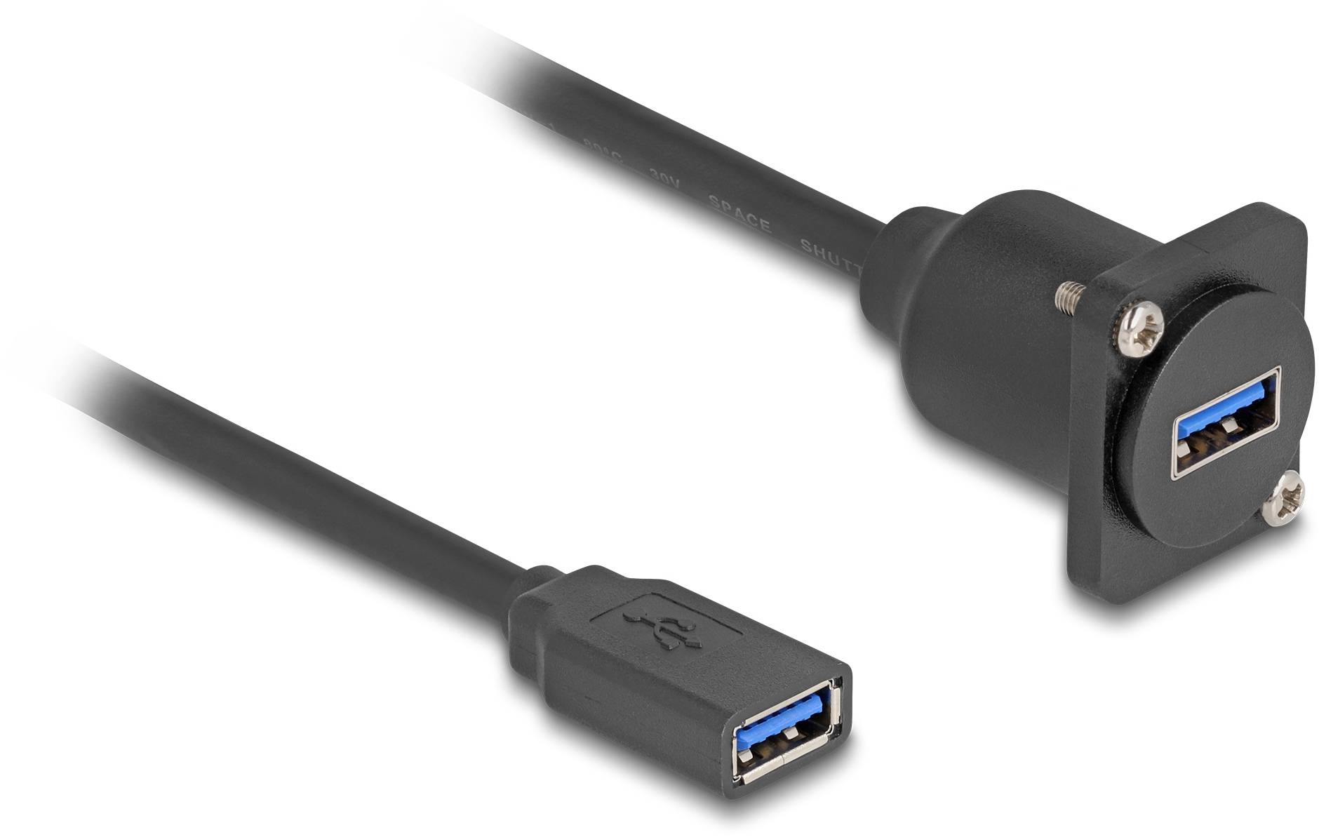 USB 3.0 verlengkabel, aan één uiteinde een chassismontage bus, aan het andere uiteinde een standaard stekker.