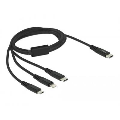 Een zwart USB-oplaadkabel met vier verschillende aansluitingen: drie USB-C en één Lightning-aansluiting.