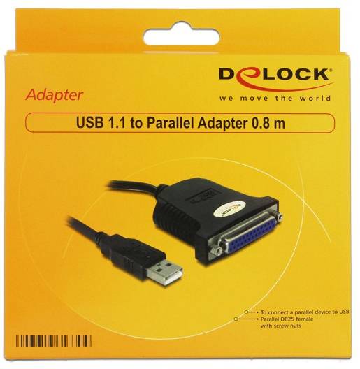 'USB 1.1 naar Parallel Adapter 0,8 m', een adapter met een USB-aansluiting aan de ene kant en een parallelle aansluiting aan de andere kant, verpakt in een gele doos.