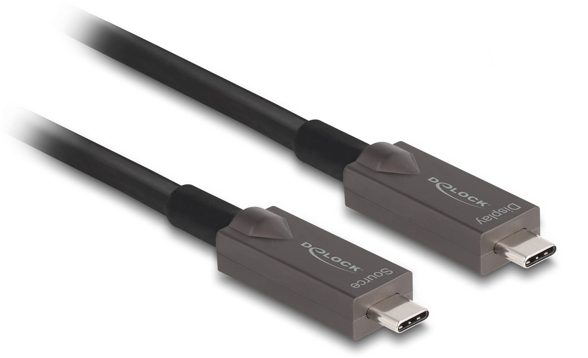 Twee zwarte USB-C-kabels van Delock, één gemarkeerd met 'Source', de andere met 'Display', geschikt voor beeldschermuitvoer.