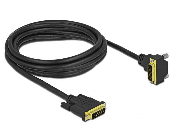 Een zwart DVI-kabel, voorzien van connectoren aan beide uiteinden, voor digitale videoverbindingen tussen apparaten.