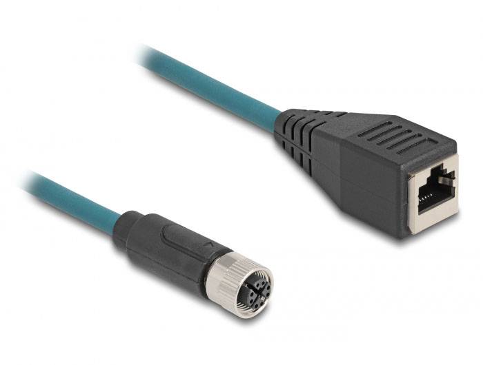 Een blauw netwerkkabel met een RJ45-connector en een ronde, metalen poortaansluiting. Geschikt voor Ethernet-verbindingen.