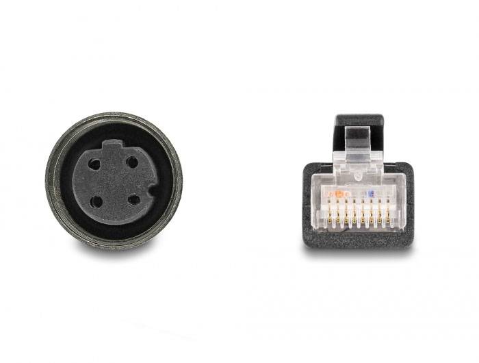 'Deze afbeelding toont een ronde stekker met drie gaten links en een rechthoekige RJ-stekker met meerdere gouden contacten rechts.'