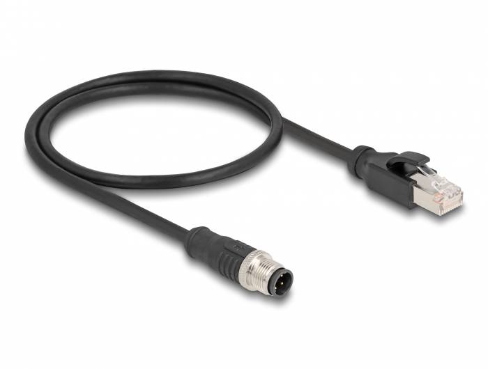 'Een Ethernet-kabel met een 8-polige RJ45-connector aan de ene kant en een M12-connector aan de andere kant, geschikt voor industriële toepassingen.'