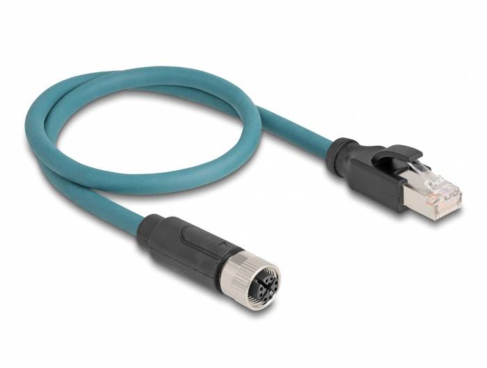 Een blauwe Ethernet-kabel met metalen connector aan de ene kant en een kunststof RJ45-stekker aan de andere kant.