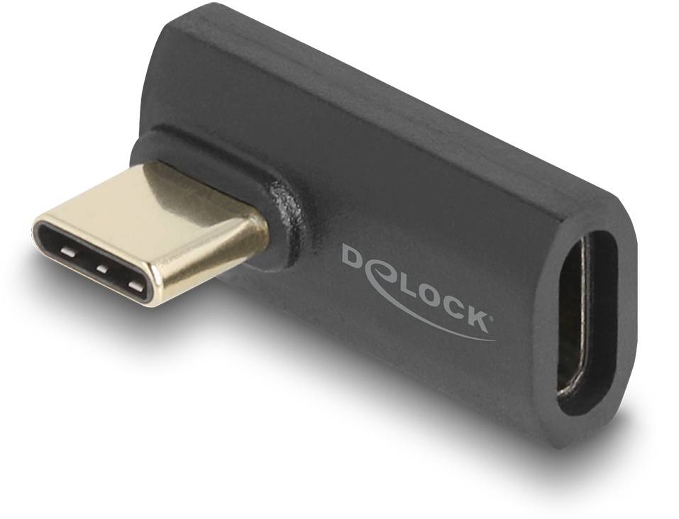 'Zwarte USB-C-adapter van Delock met mannelijke en vrouwelijke aansluiting, voor het verbinden van USB-C-apparaten.'