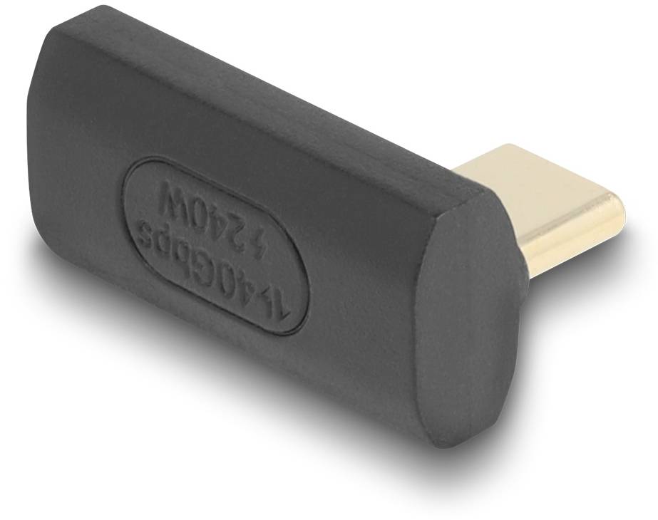 Zwarte USB-C naar USB-A adapter met een glad, rechthoekig behuizing en ingegraveerde opdruk '140Gbps, 240W'.