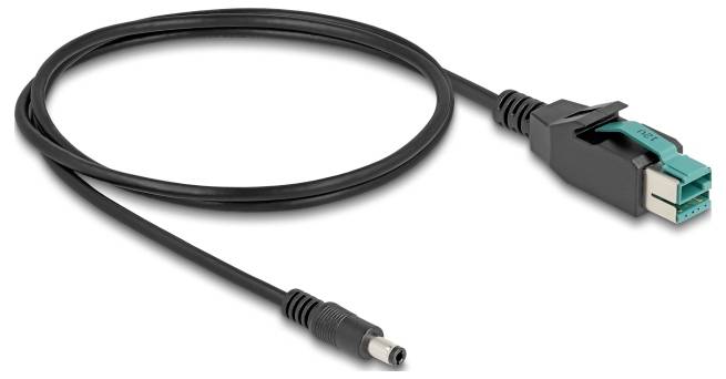 Een zwarte kabel met een aansluiting voor een voedingsadapter en een speciale stekker aan de andere kant, die kan worden gebruikt voor gegevensoverdracht of oplaaddoeleinden.