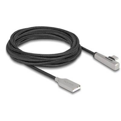 Lang, gevlochten USB-kabel met een grijze behuizing aan beide uiteinden, geschikt voor het aansluiten van apparaten of het opladen.
