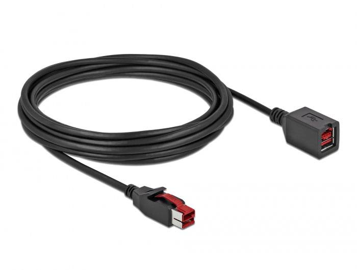 Zwart USB-verlengkabel met een USB-stekker en een USB-poort, beide rood gemarkeerd. Ideaal voor het verlengen van USB-aansluitingen.