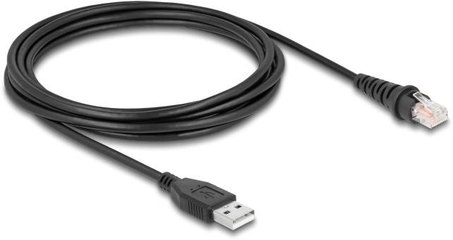 Een zwart USB-kabel met een USB-aansluiting aan het ene uiteinde en een Ethernet-stekker aan het andere uiteinde, op een witte achtergrond.