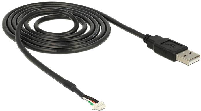 Een zwart USB-kabel met een aansluitbare stekker aan de ene kant en open draadeinden aan de andere kant.