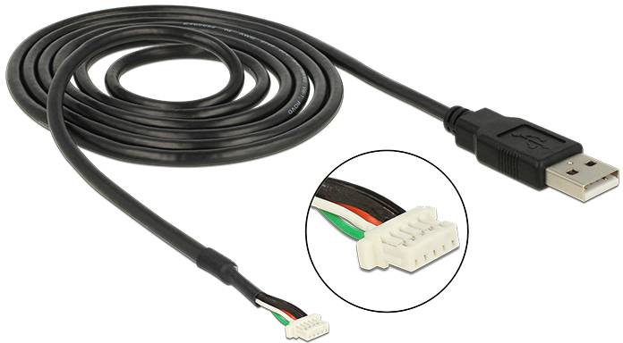 Zwart USB-kabel met een USB-stekker aan de ene kant en een meerkleurige kabelaansluiting met stekker aan de andere kant.