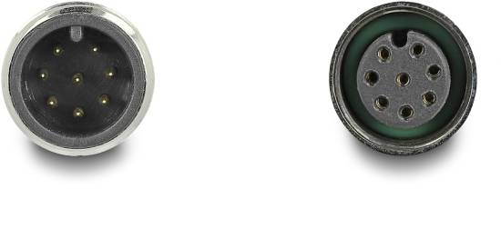 Twee ronde, multipolaire elektrische aansluitingen: links met zes kleine contacten, rechts met zeven contacten.