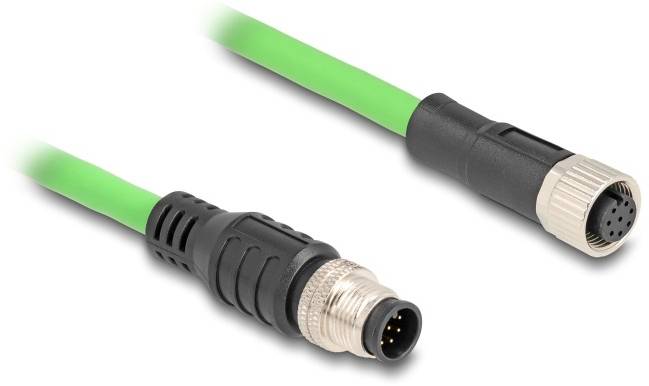 Groen kabel met twee aansluitingen: Metalen stekker met zwarte details en zwarte stekker. Verbindt elektrische apparaten.