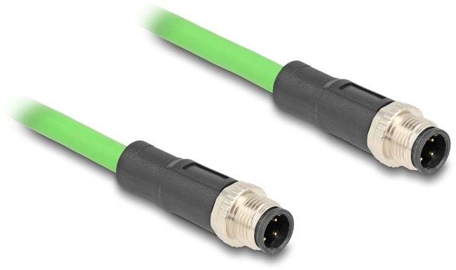 Twee groene Ethernet-kabels met zwarte stekkers. De stekkers hebben metalen schroefdraad en zijn parallel aan elkaar gepositioneerd.