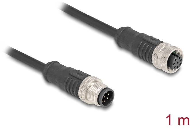 Zwart verbindingskabel met 8-polige, ronde stekker aan beide uiteinden, 1 meter lang.