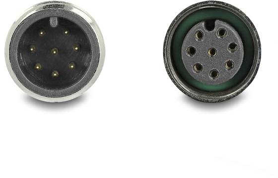 Stekker en contactdoos van een ronde elektrische connector met meerdere pinnen en contactpunten, tegen een witte achtergrond.