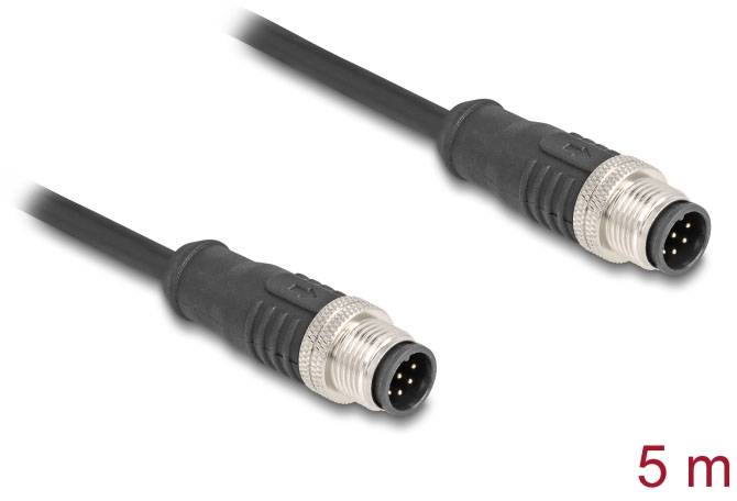 Twee zwarte, vijfpolige M12-connectoren aan een kabel; lengte 5 meter, geschikt voor industriële toepassingen.
