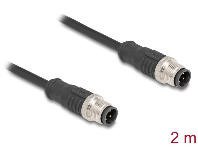 Twee identieke zwarte kabels met ronde metalen stekkers aan beide uiteinden, lengte: 2 meter.