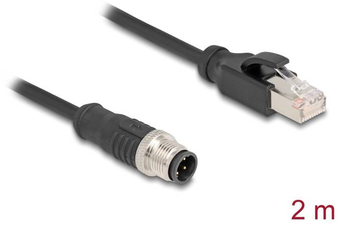 'Een 2 meter lang verbindingskabel met een RJ45-stekker en een aansluitstekker met metalenmoer.'