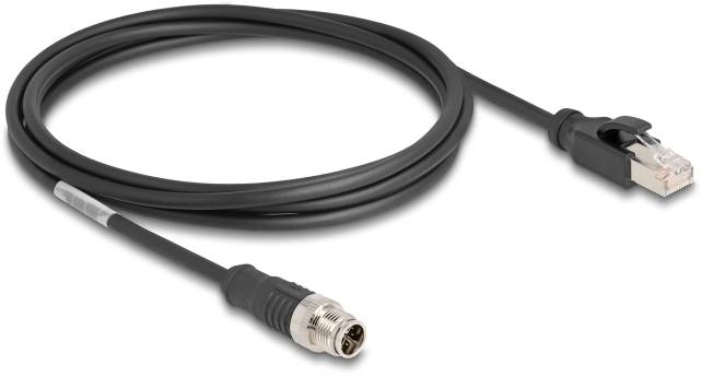 Een zwart Ethernet-kabel met een M12-stekker aan de ene kant en een RJ45-stekker aan de andere kant.