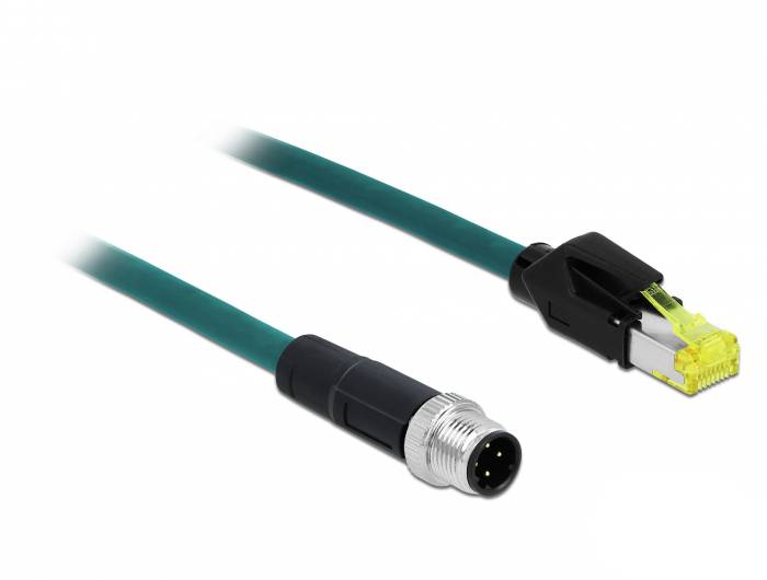 Een groen Ethernet-kabel, links voorzien van een ronde industriële stekker en rechts met een RJ45-aansluiting voor netwerken.