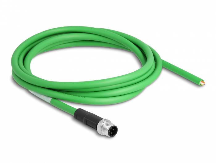 Groene, lange kabel met zwarte en zilveren stekker aan één uiteinde, toont bedrading aan open uiteinde.