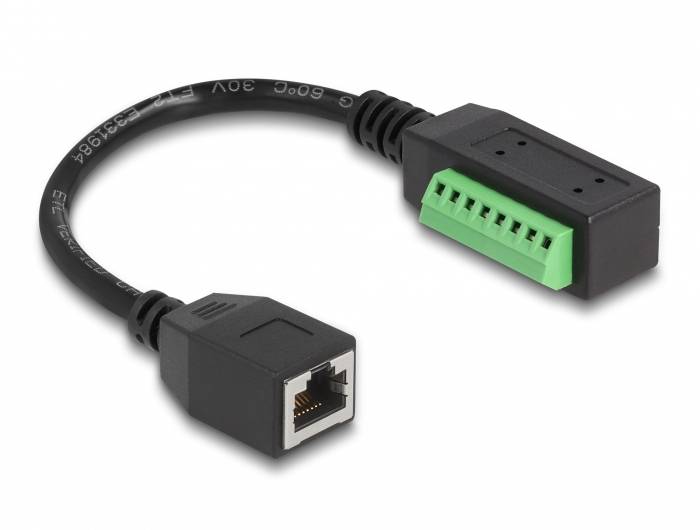 Een adapterkabel met een RJ45-stekker aan de linkerkant en een groene meerpolige schroefklemmenblok aan de rechterkant.