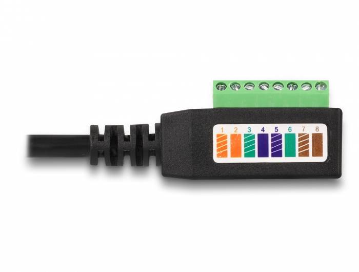 Adapterkabel met nummering van 1 tot 8 op een kleurgecodeerde schaal, verbonden met een groene aansluitblok voor elektrische schakelingen.