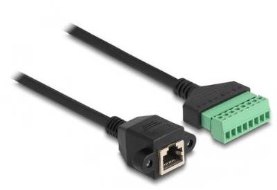 Zwart netwerkkabel, links RJ45-aansluiting, rechts groene terminalblok-aansluiting.