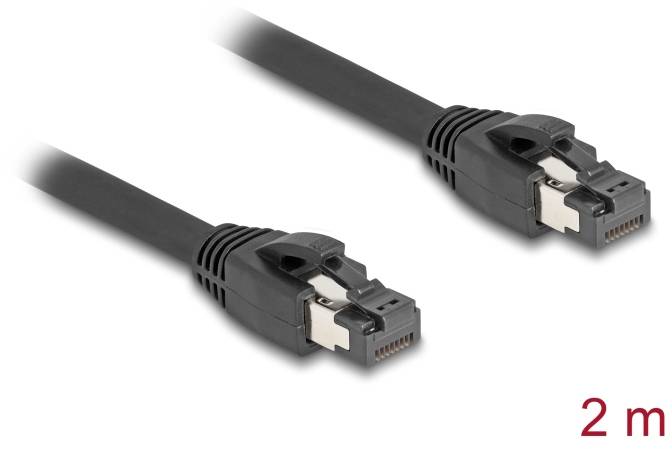 Een zwarte Ethernet-kabel, 2 meter lang, met RJ45-connectoren aan beide uiteinden.