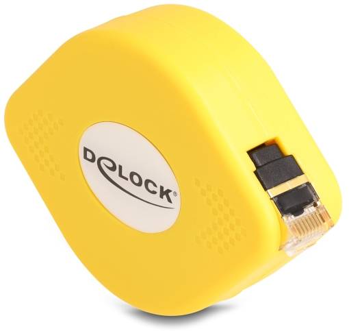 Geel, vierkant behuizing met het 'Delock'-logo, bevat een uittrekbaar netwerkkabel met RJ45-connector.