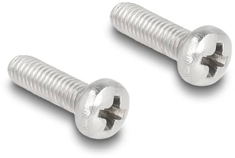 Twee zilveren kruiskopschroeven op een witte achtergrond, licht naar rechts gekanteld, tonen het glanzende metaaloppervlak.