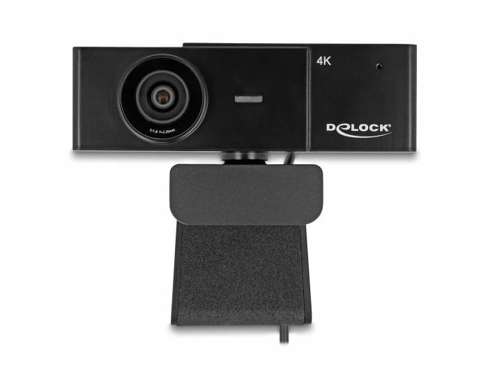 Zwarte 4K-webcam van Delock, vooraanzicht, met geïntegreerde microfoon en USB-aansluiting, voor hoogwaardige video-opnamen.