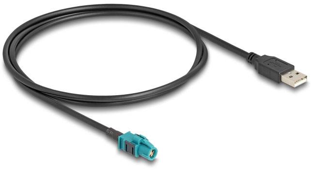 Een zwarte USB-kabel met een standaard USB-stekker aan de ene kant en een speciale blauwe stekker aan de andere kant.