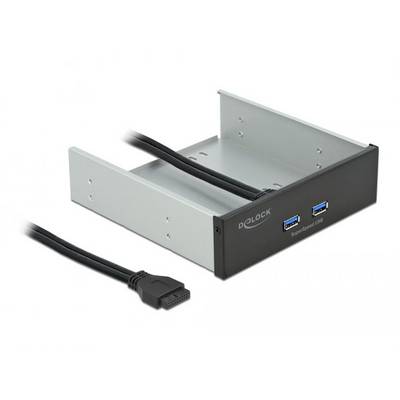 Op de afbeelding is een inbouwframe te zien die twee USB 3.0-aansluitingen biedt. Hij wordt verbonden met een kabel die intern wordt aangesloten.