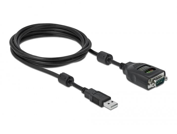 Een zwart USB-naar-serieel kabel met een USB-stekker aan de ene kant en een seriële RS-232-stekker aan de andere kant.
