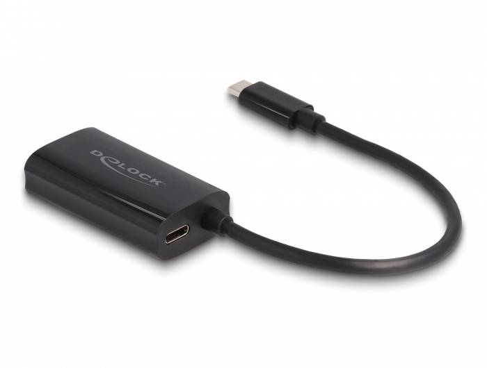 Een zwarte adapter van het merk Dolock met een USB-C-stekker en HDMI-uitgang. De adapter is bevestigd aan een kort kabel.