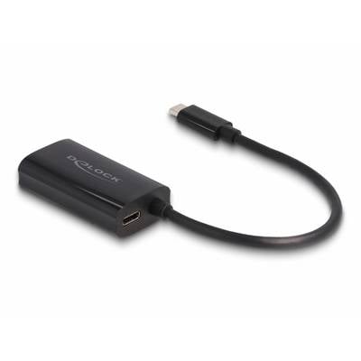 Een zwarte adapter van het merk Dolock met een USB-C-stekker en HDMI-uitgang. De adapter is bevestigd aan een kort kabel.