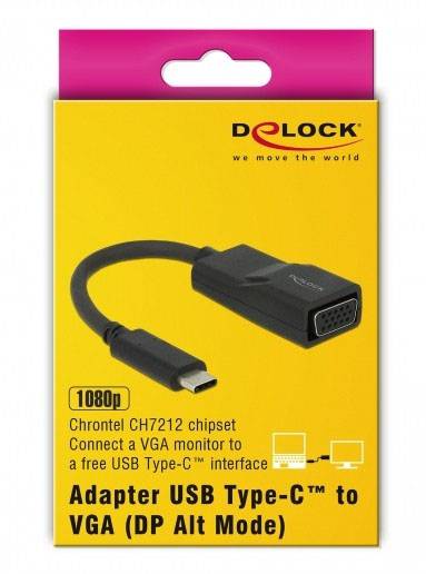 Verpakking van een Delock-adapter van USB Type-C naar VGA. Ondersteunt 1080p-resolutie. Afbeelding van de adapter en aanduidingen.