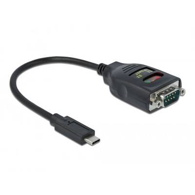 'USB-C naar RS-232 adapterkabel' toont een zwart kabel met een USB-C-aansluiting aan de ene kant en een RS-232-aansluiting aan de andere kant.