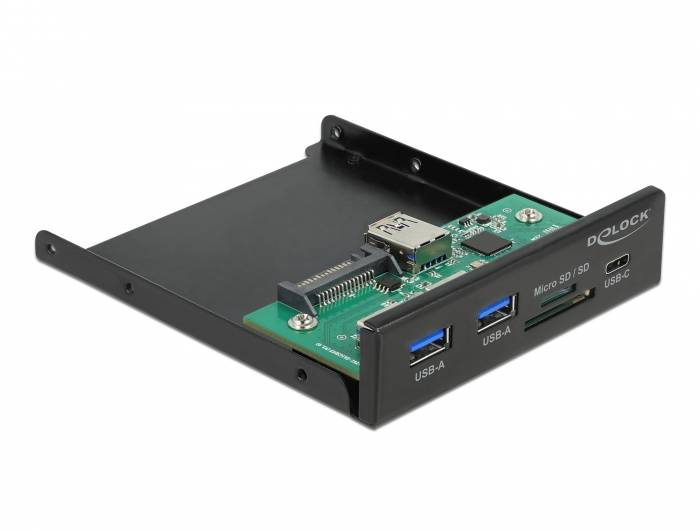 Interne USB-frontpaneel met twee USB-A-, een USB-C- en een MicroSD/SD-kaartlezeraansluiting van Delock, geschikt voor montage in een pc-behuizing.
