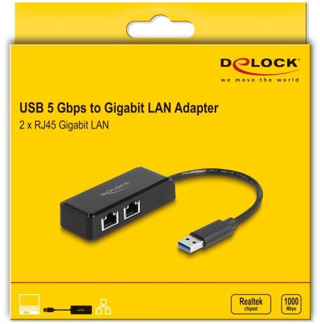 USB-naar-Gigabit-LAN-adapter-verpakking, toont productafbeelding met twee RJ45-poorten en USB-aansluiting. Merk: Delock.