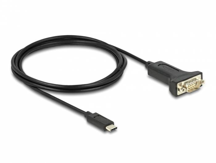 Een zwart USB-C naar VGA-kabel, geschikt voor het aansluiten van moderne apparaten op oudere VGA-monitors of projectoren.
