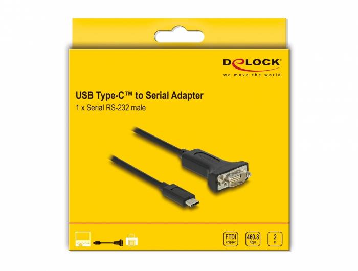 "USB Type-C naar Serieel Adapter" Verpakking. Bevat een adapter met USB-C- en RS-232-aansluitingen. Merknaam en symbolen aanwezig.