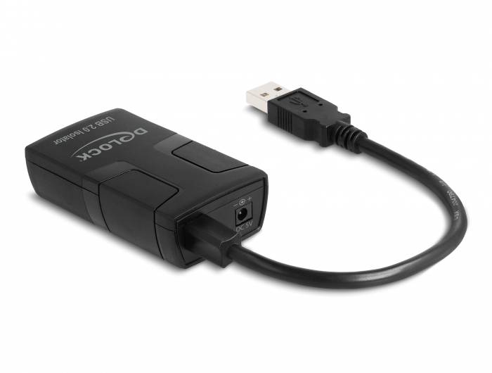 Een zwarte USB 2.0 naar HDMI-adapter met een USB-stekker, die wordt gebruikt voor het aansluiten van een computer op een monitor.