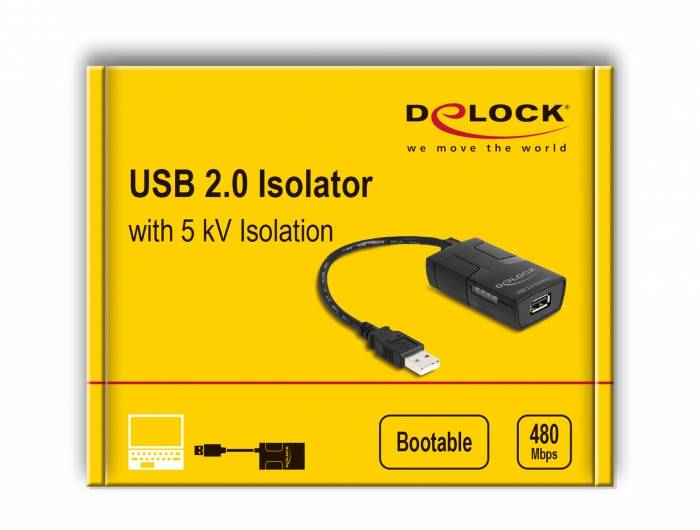 Gele verpakking van een USB 2.0 isolator van Delock. Tekst: 'USB 2.0 isolator met 5 kV isolatie', afbeeldingen tonen het apparaat en symbolen.