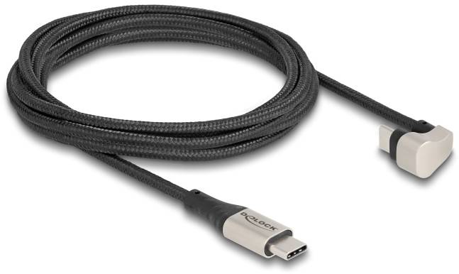 Een zwart USB-C-oplaadkabel met haakse stekker, met prominente 'Delock' logoweergave. Geschikt voor smartphones en andere apparaten.