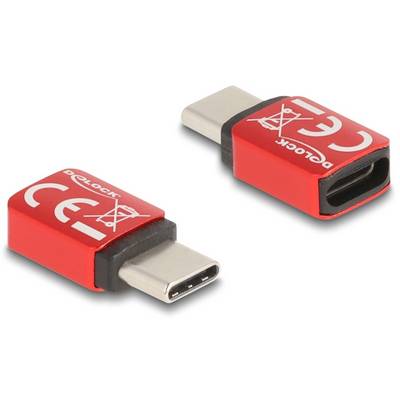 Twee USB-C-adapters in het rood met CE-markering. De adapter beschikt over een stekker en een aansluiting, geschikt voor elektronische apparaten.